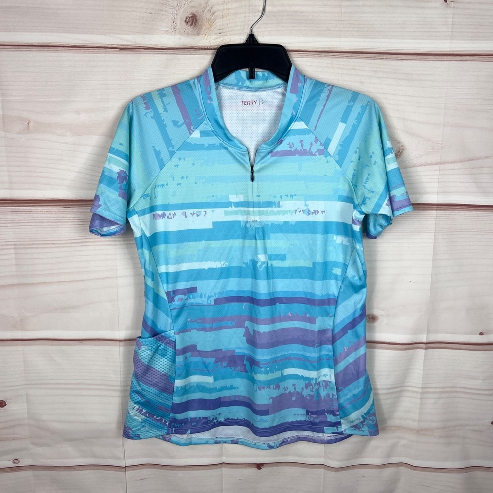 Terry Top Womens S Blue Print Cycling Jersey Short Sleeve 1/4 Zip Pocket Knit